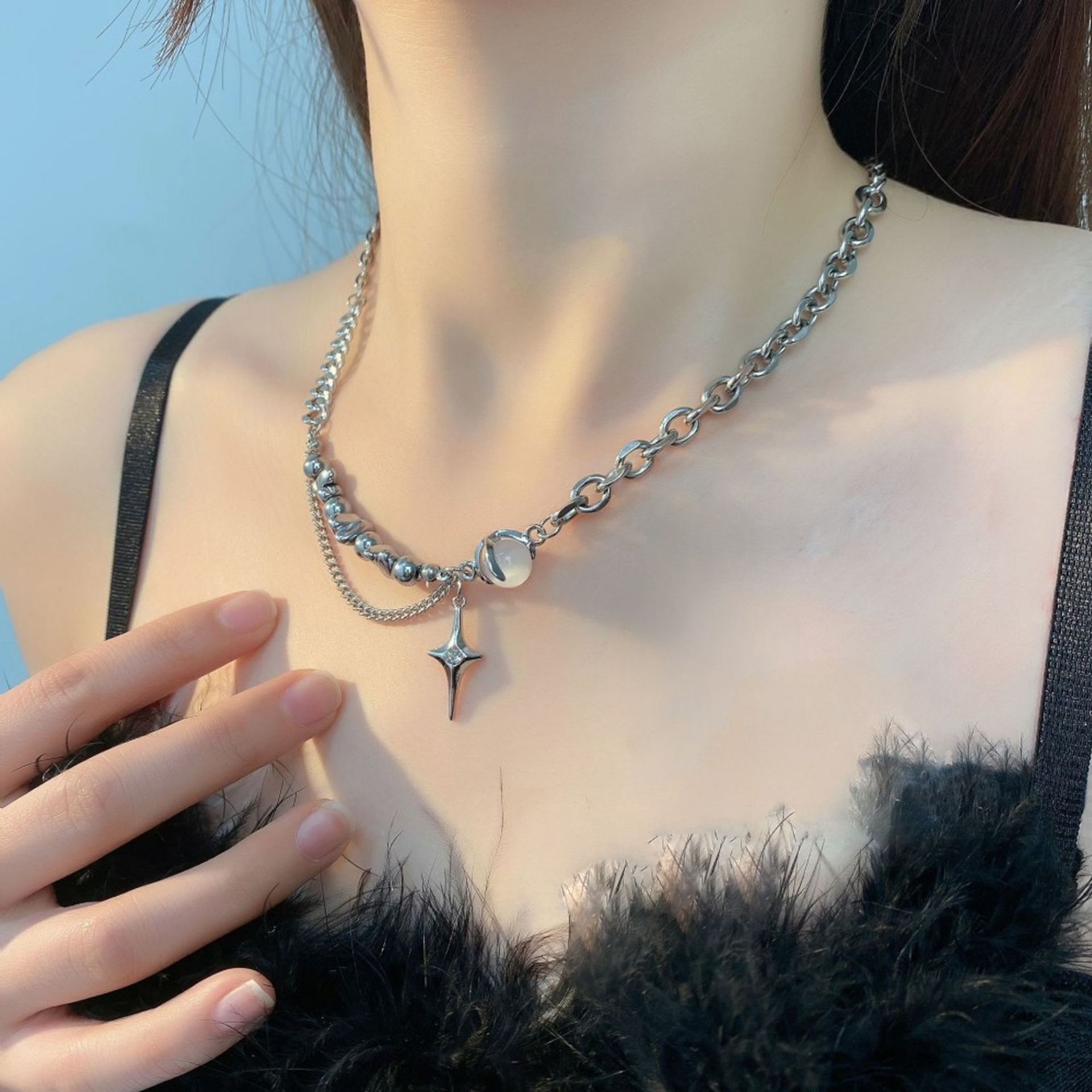 Moonstone Double Layer Cross Necklace Unisex High End Design_voghion.com