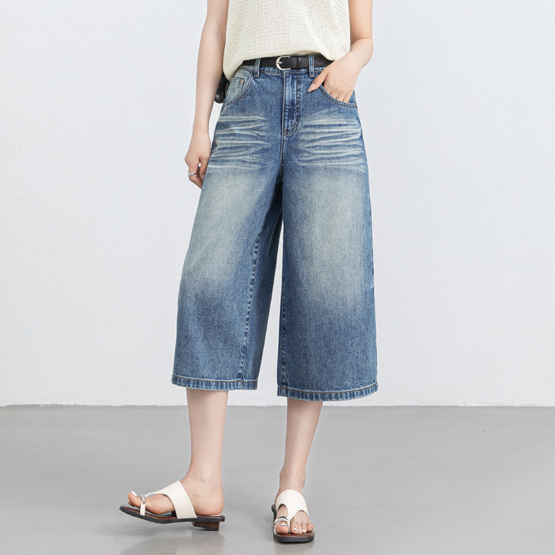 Women's Summer Thin Jeans, High-Waisted, Slimming, Fashionable Wide-Leg Pants, Cropped Pants for Petite Women 8290