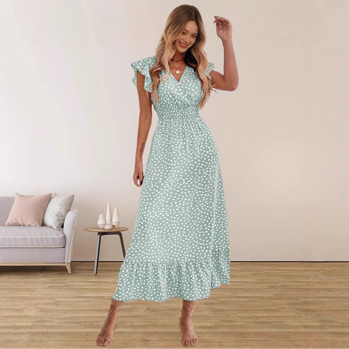 Amazon Cross-Border International Trade European and American Women's Fashion V-Neck Waist-Clinching Long Dress High-Waist Short-Sleeve Dress