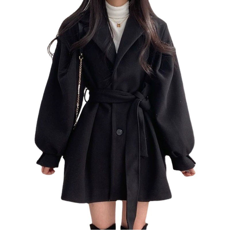 Женская шерстяная верхняя одежда в гонконгском стиле, осень-зима 2025, ретро-костюм, пальто с воротником-стойкой, поясом и фонарными рукавами.