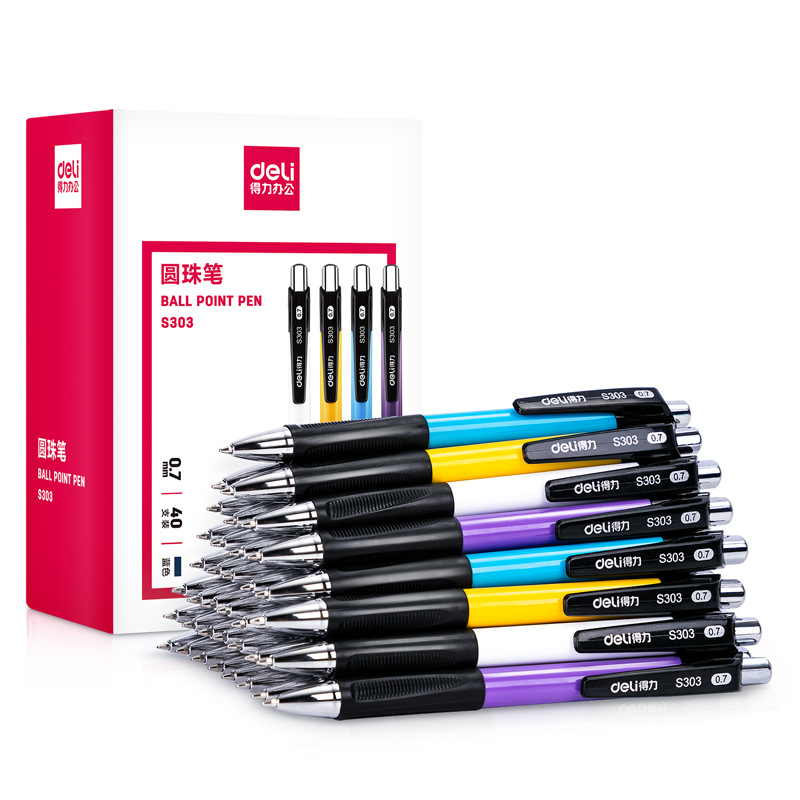 得力S303圓珠筆0.7mm子彈頭按壓式伸縮子彈頭辦公圓珠中油筆