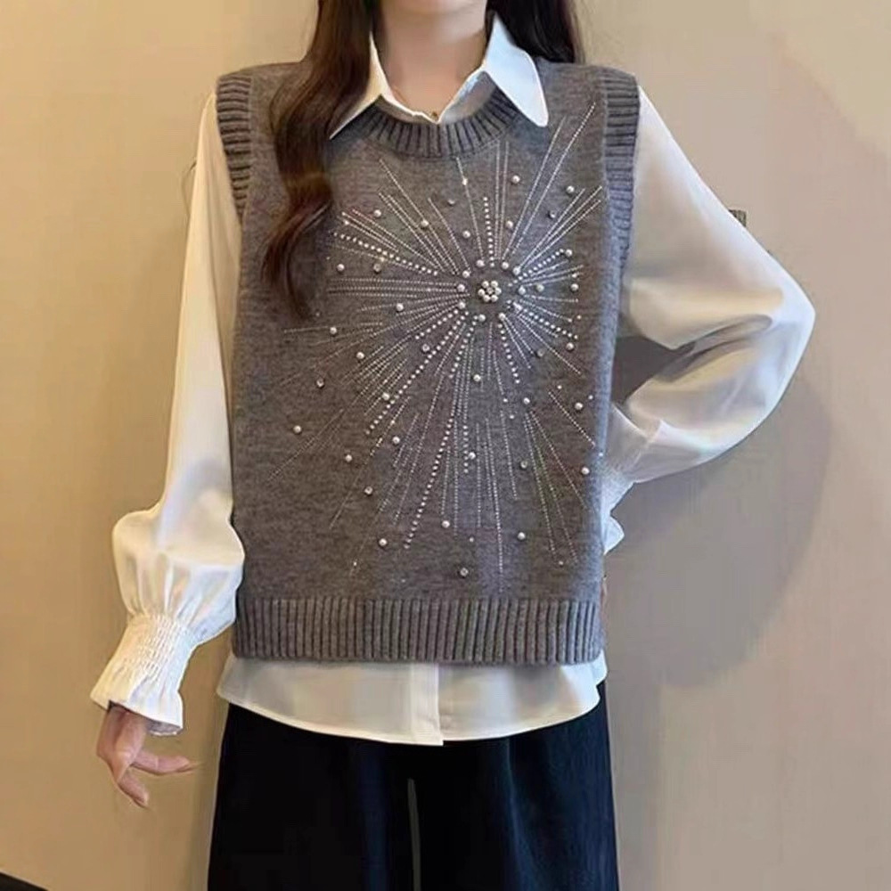 2025春款重工钉珠外搭叠穿针织背心坎肩外穿慵懒风毛衣女马甲外套