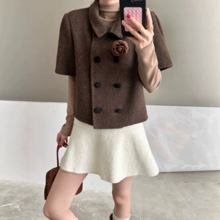 双排扣垫肩双面羊毛女翻领短袖设计羊毛呢秋冬外套韩系