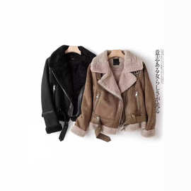 跨境秋冬新款外贸麂皮绒面加厚皮毛一体西装领腰带夹克外套亚马逊