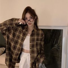 韩系复古棕色格子衬衫设计感小众秋季新款ins春秋美式宽松长袖衫