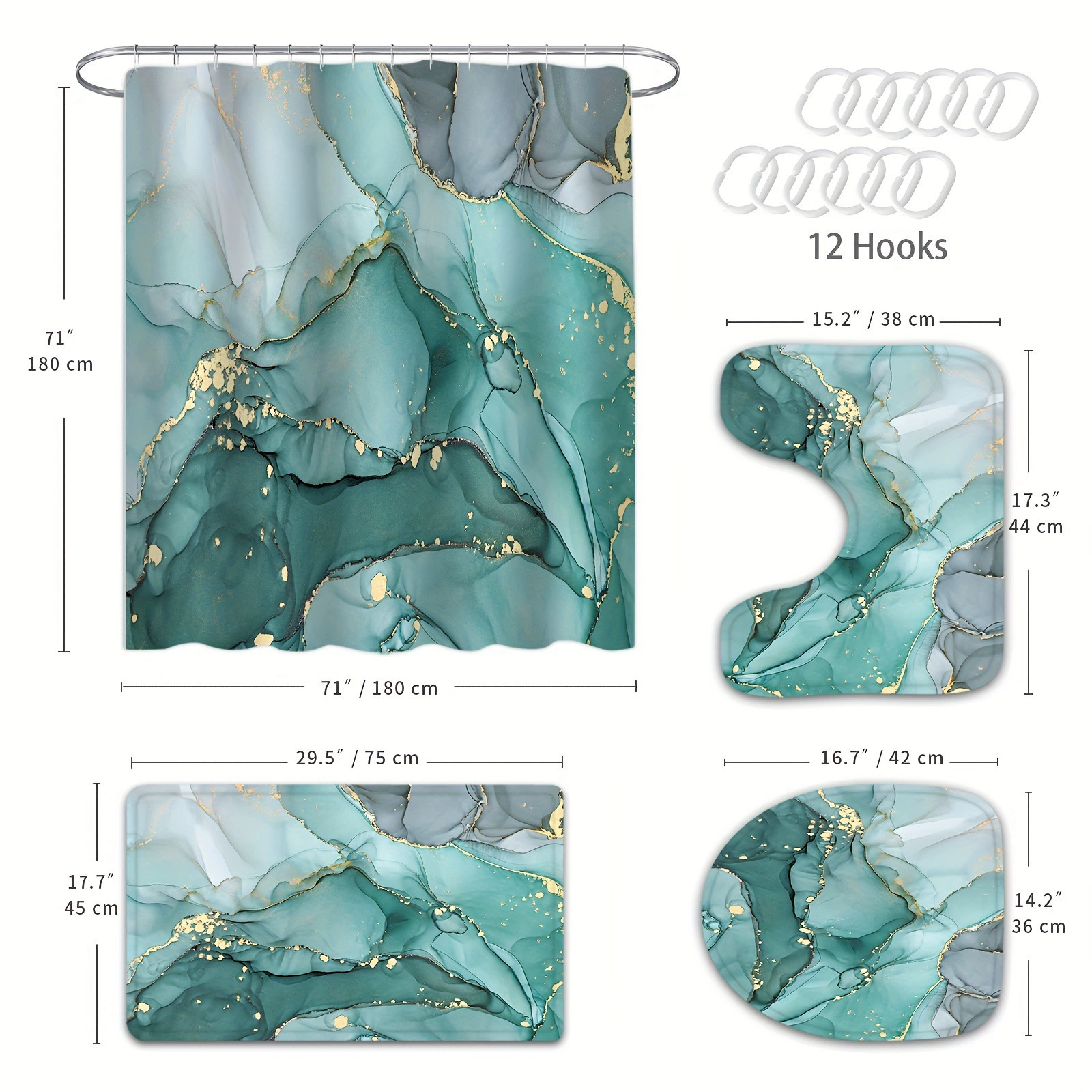 [1/4pcs Teal Marble Pattern Shower Curtain Set Bath Curtain]