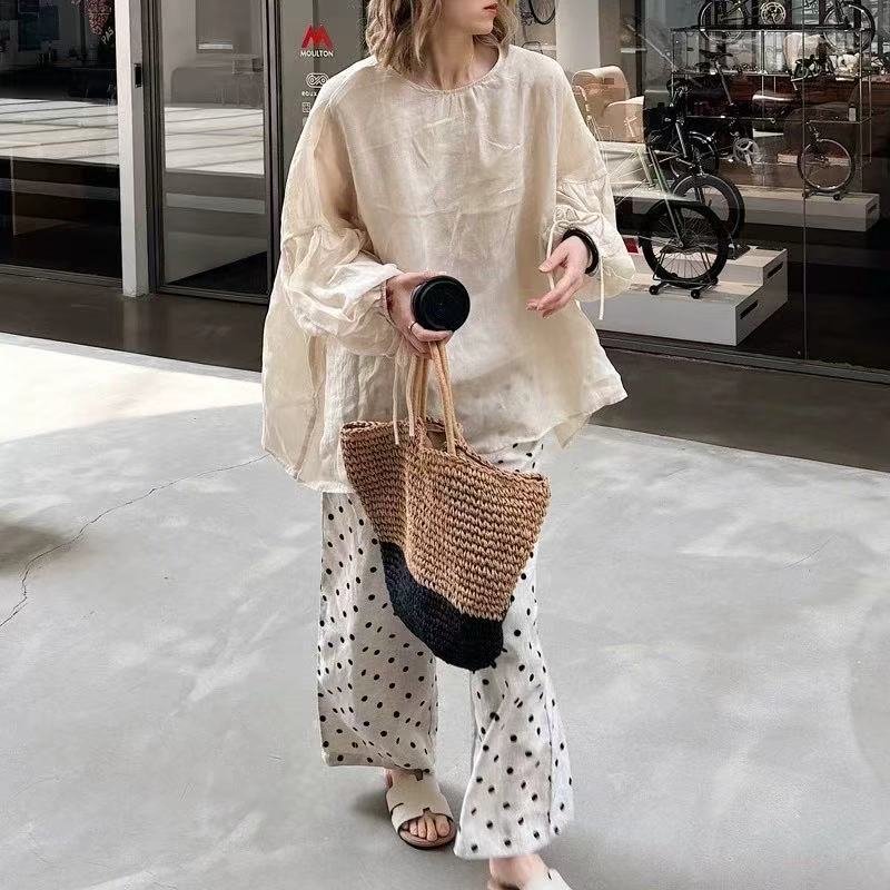 Ramie Shirt Autumn New Women's Work Clothing Retro Large Size Loose Slimming Look Lantern Sleeve Mid-Length Shirt Top Ramie Shirt Autumn New Women's Work Clothing Retro Large Size Loose Slimming Look Lantern Sleeve Mid-Length Shirt Top