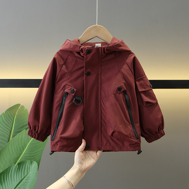 7766 chaquetas de herramientas de primavera para niños 2025 nueva ropa con capucha fresca de moda para niños camisa con cremallera estilo occidental gabardina