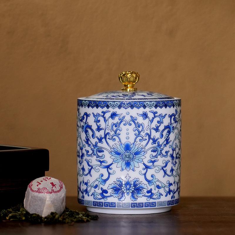 Palace Style Winding Lotus Blue and White Tea Jar Ceramic Sealed Jar Enamel Color Retro High-end Blue and White Porcelain Storage Jar 