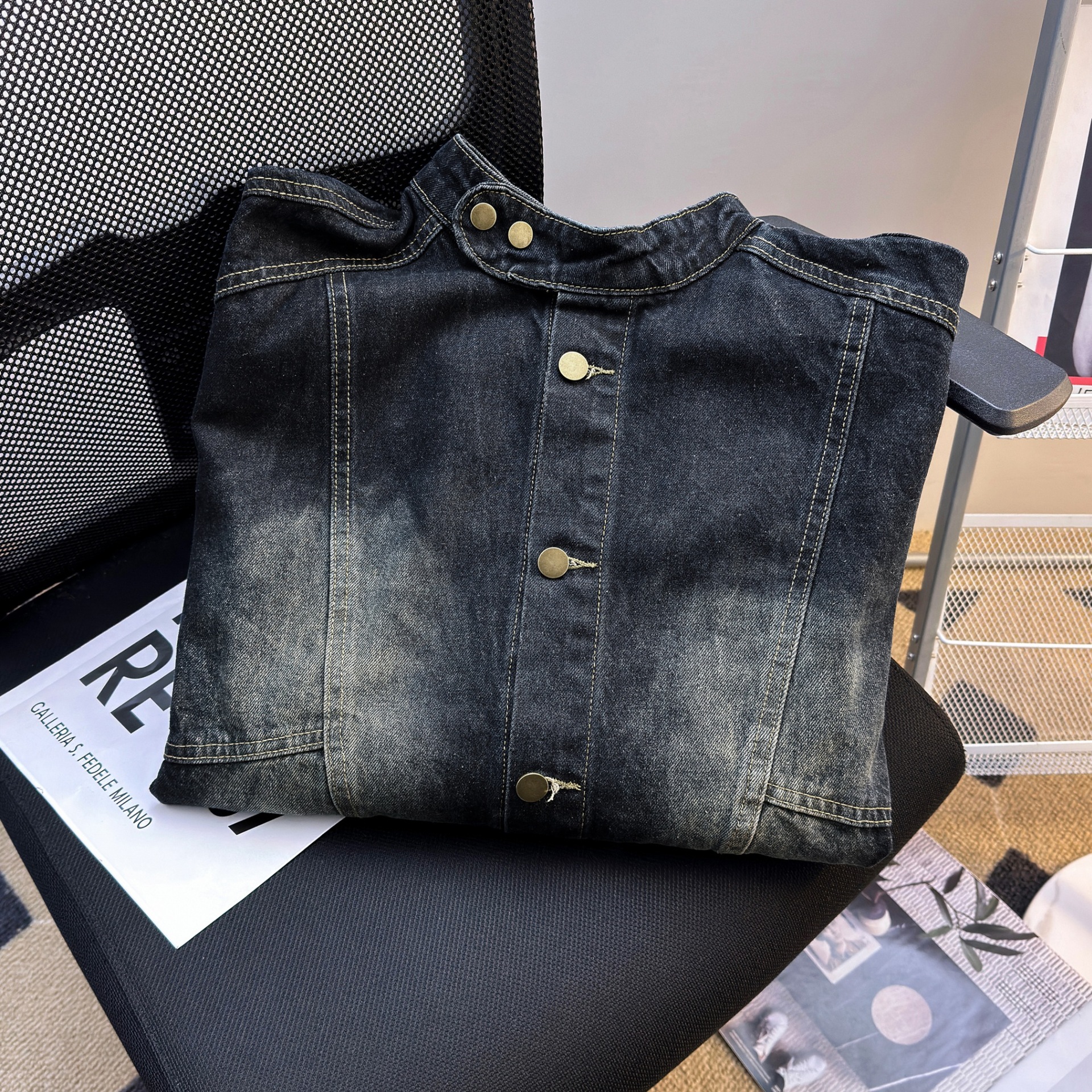 Giacca di jeans unisex retro collo alla coreana stile casual_voghion.com