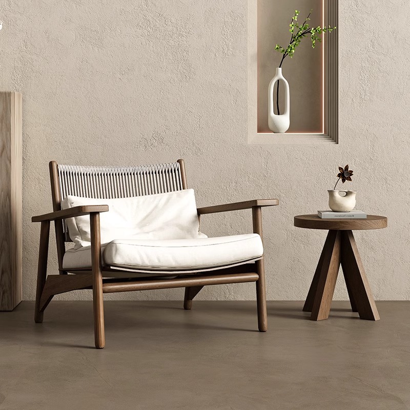 Retro Sofa Chair Outdoor Rope Wabi-Sabi Style Single Rattan Chair Balcony Garden B&B Courtyard Solid Wood Anti-Corrosion Furniture