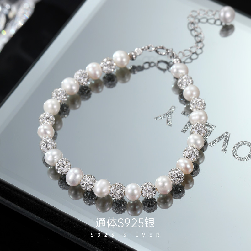S925 Silver Natural Pearl Shambhala Bracelet for Women, Light Luxury Niche Brilliant Beaded Jewelry, 2025 New Model