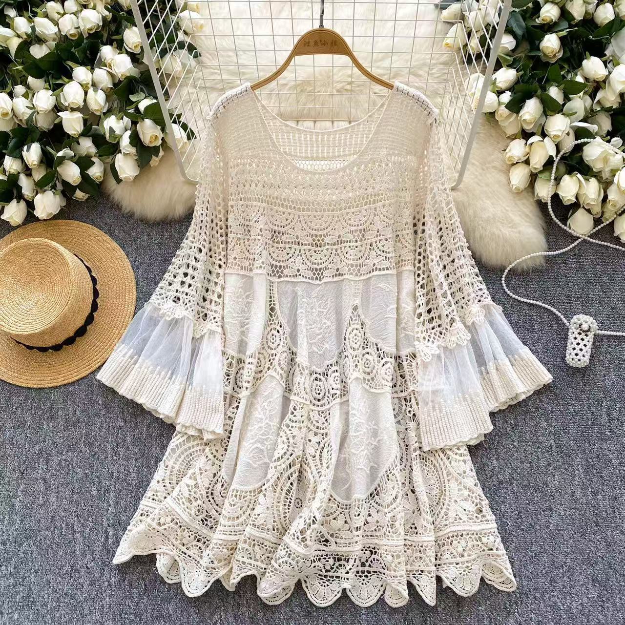 New Retro Round Neck Crocheted Hollow Knitted Blouse for Women Summer Versatile Loose Holiday Style Pullover Dress
