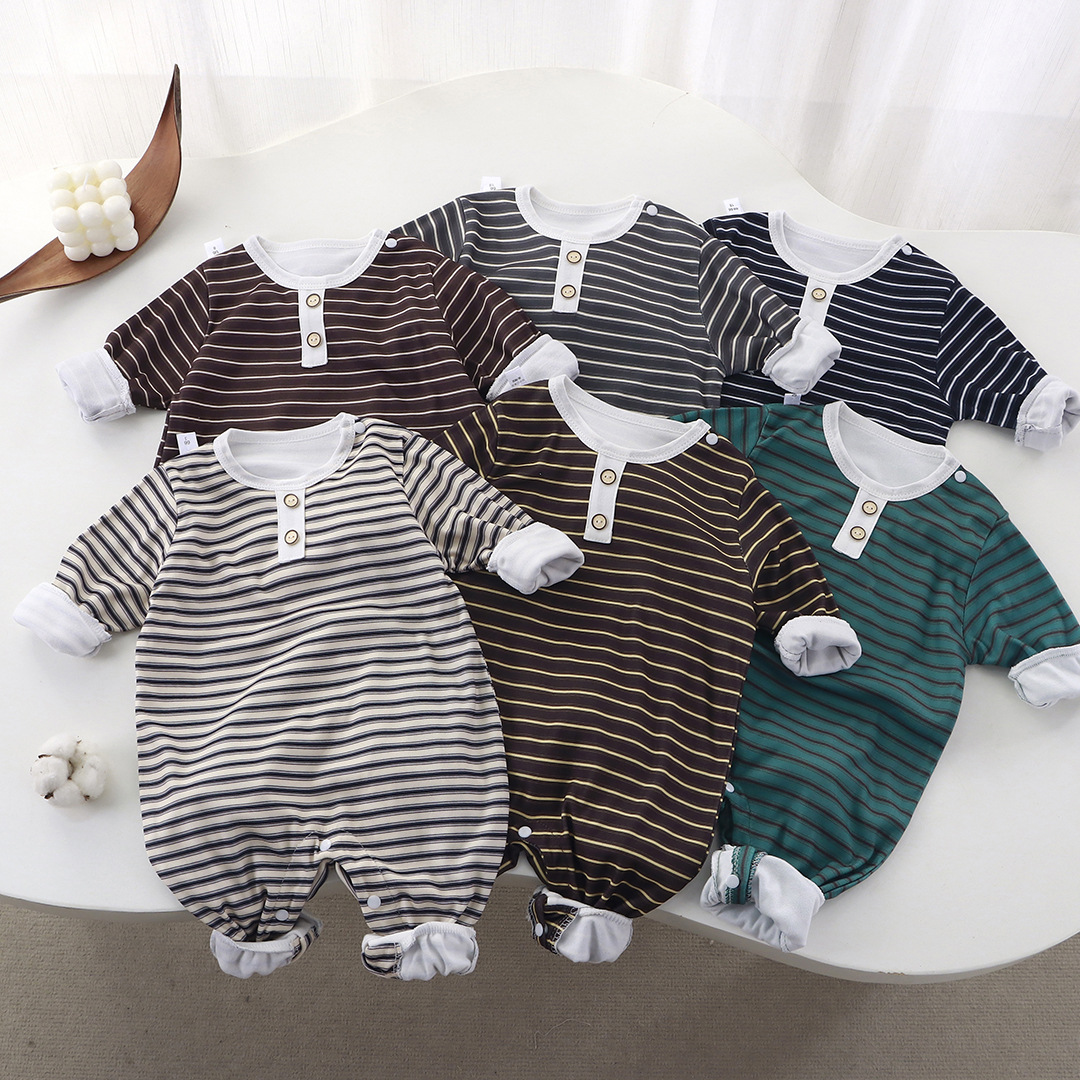 New Baby Coveralls, Spring & Fall Stripesd Baby Jumpsuits, Long-Sleeved Newborn Autumn and Winter Round Neck Simple Crawling Clothes