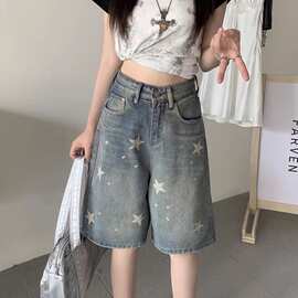 2026夏季新款美式复古星星印花牛仔五分裤女高腰宽松显瘦中裤