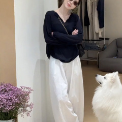 大码胖mm法式别致V领轻薄长袖T恤秋季新款宽松慵懒防晒衫上衣女夏