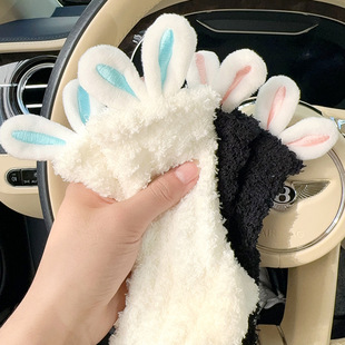 Autumn and Winter Coral Velvet Sleep Socks for Women, Cute Girl Rabbit Ears Home Floor Socks Fleece-Lined Non-Slip Confinement Plush Socks