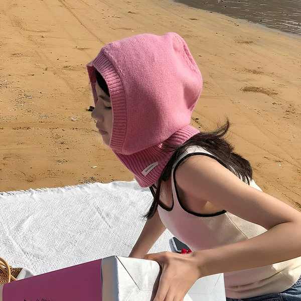2023 autumn and winter 100 wool hat solid color couple South Korea ins wool integrated hat balaclava knitted hat