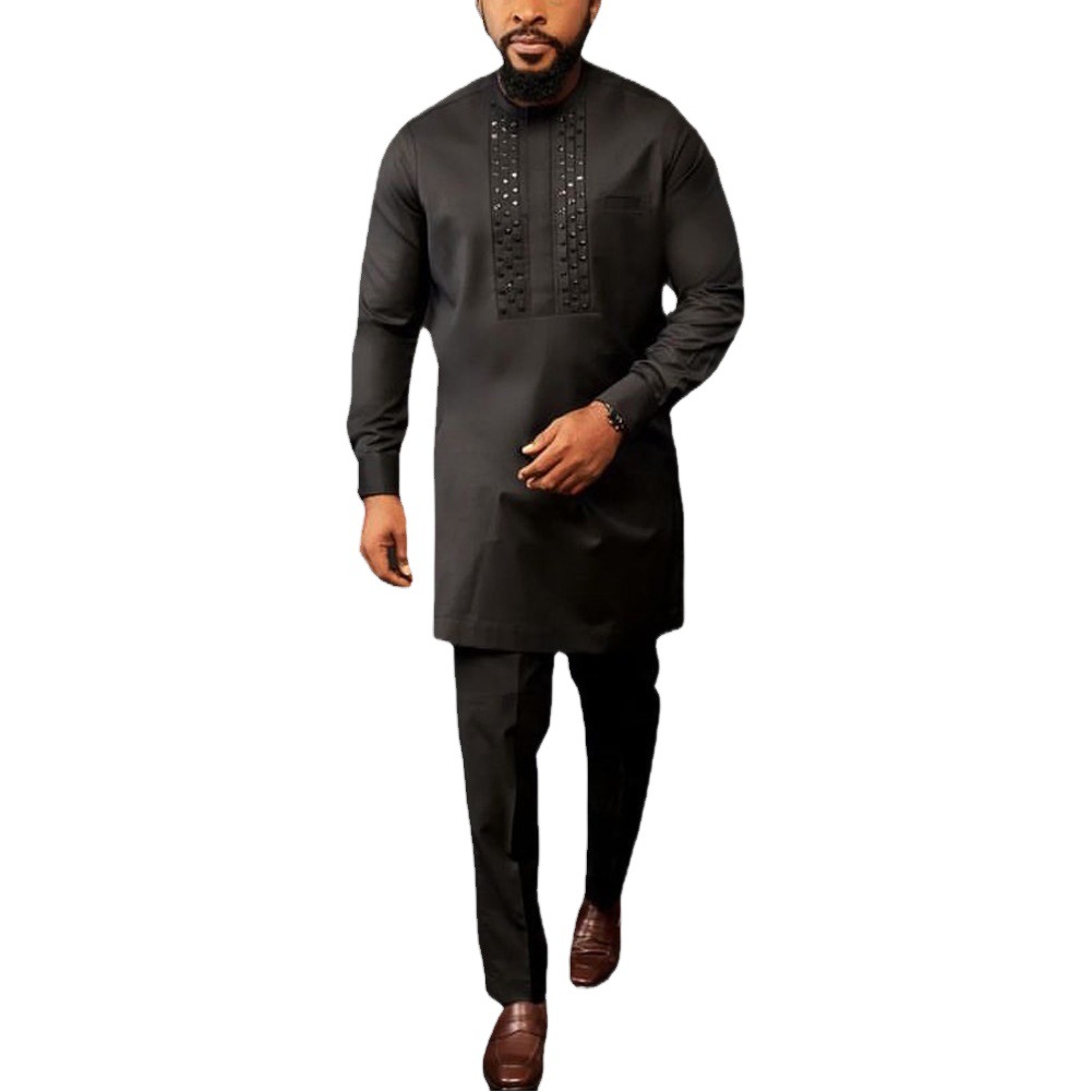 New African ethnic style men's suit hot brick shirt and solid color pants 2-piece set men's suit (in stock
