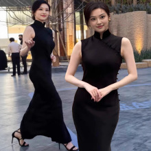 现货景甜同款黑色新中式国风连衣裙夏季年轻款日常改良淑女风旗袍