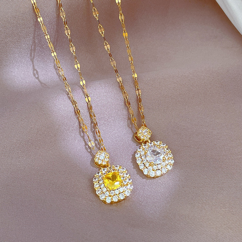 Fashion Square Stainless Steel Chain Inlay Artificial Diamond Pendant Necklace 1 Piece