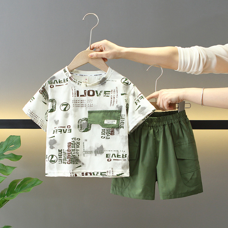 7867 Traje de verano para niños 2025 Nuevo estilo para niños Ropa de verano fresca y de moda Baby Fried Street Traje de dos piezas