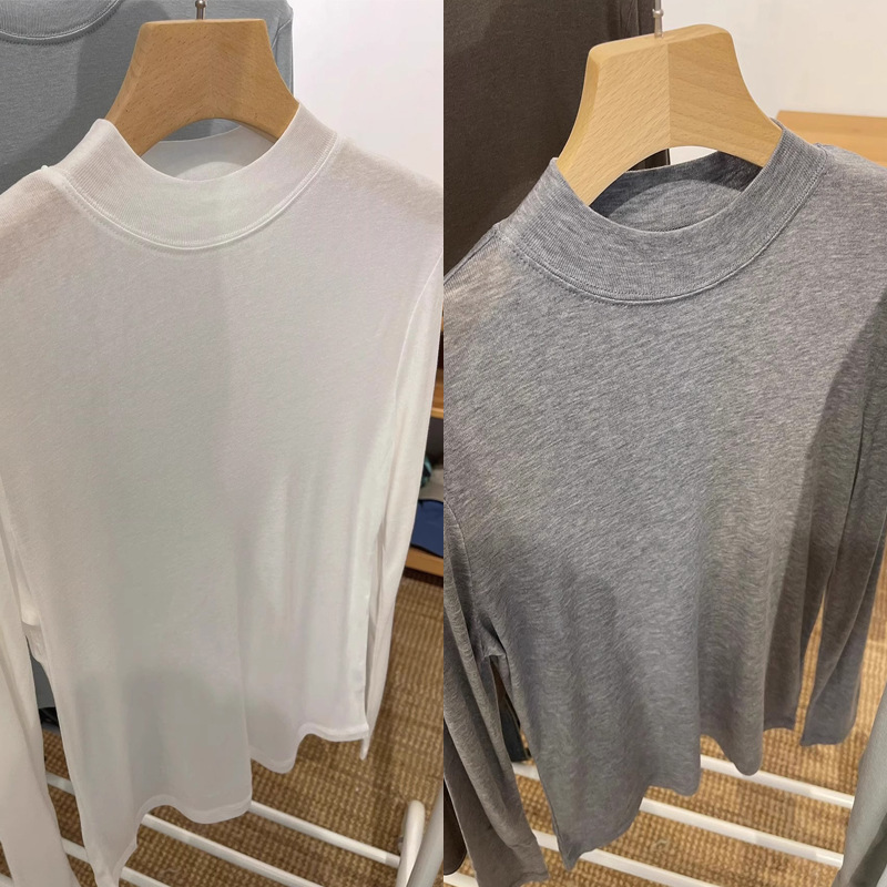 テンセルウールマスクTシャツレディース初秋薄手長袖右肩トップス白インナーハーフタートルネックボトリングシャツ|undefined