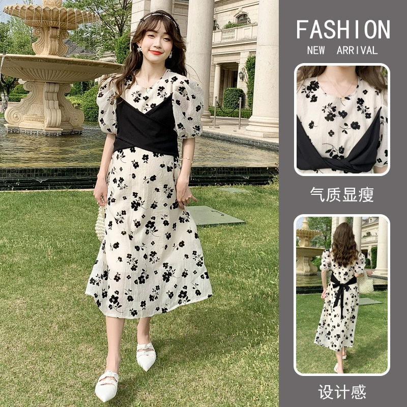 Платье для беременных 2022 Летняя Новая Элегантная узкая элегантная юбка с принтом и круглым вырезом