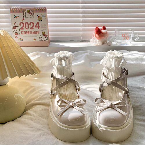 French shallow Mary Jane flat shoes, new white round-toe chunky heel Mary Jane small leather shoes for women, summer edition