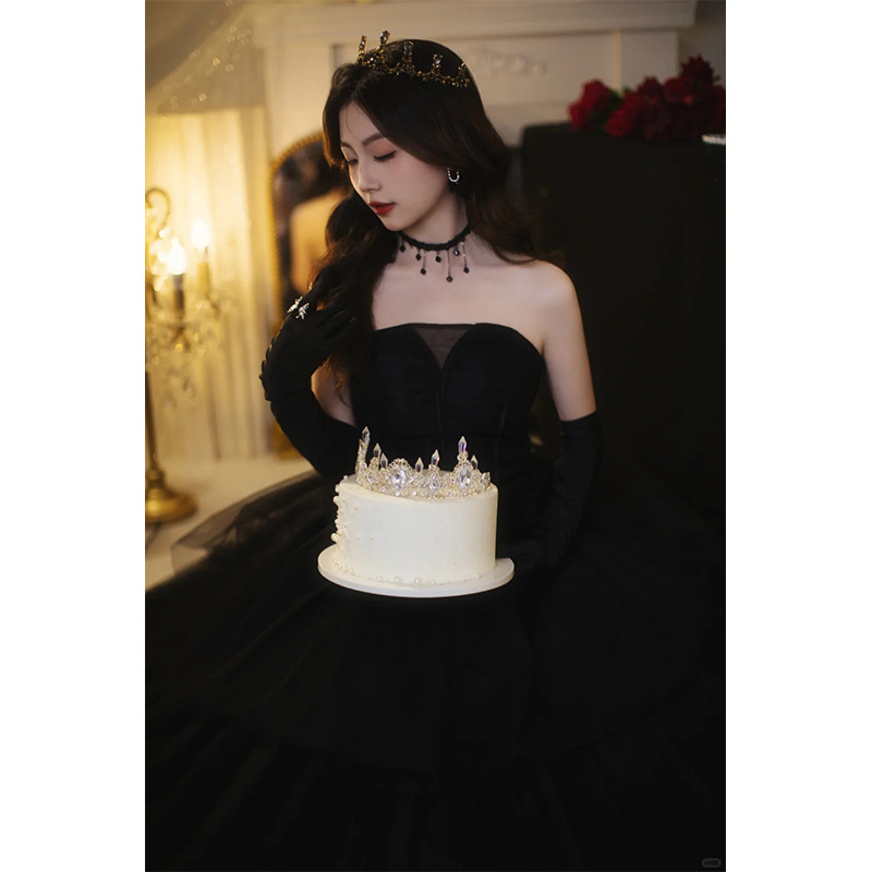 Black Strapless Velvet High-End Evening Dress, Light Luxury Niche Birthday Party Performance Host Princess Tulle Dress Black Strapless Velvet High-End Evening Dress, Light Luxury Niche Birthday Party Performance Host Princess Tulle Dress