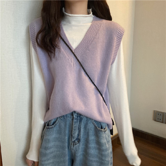 2023 otoño e invierno nuevo color sólido con cuello en V chaleco sin mangas chaleco abrigo suéter de las mujeres Chaleco de punto superior ins comercio exterior