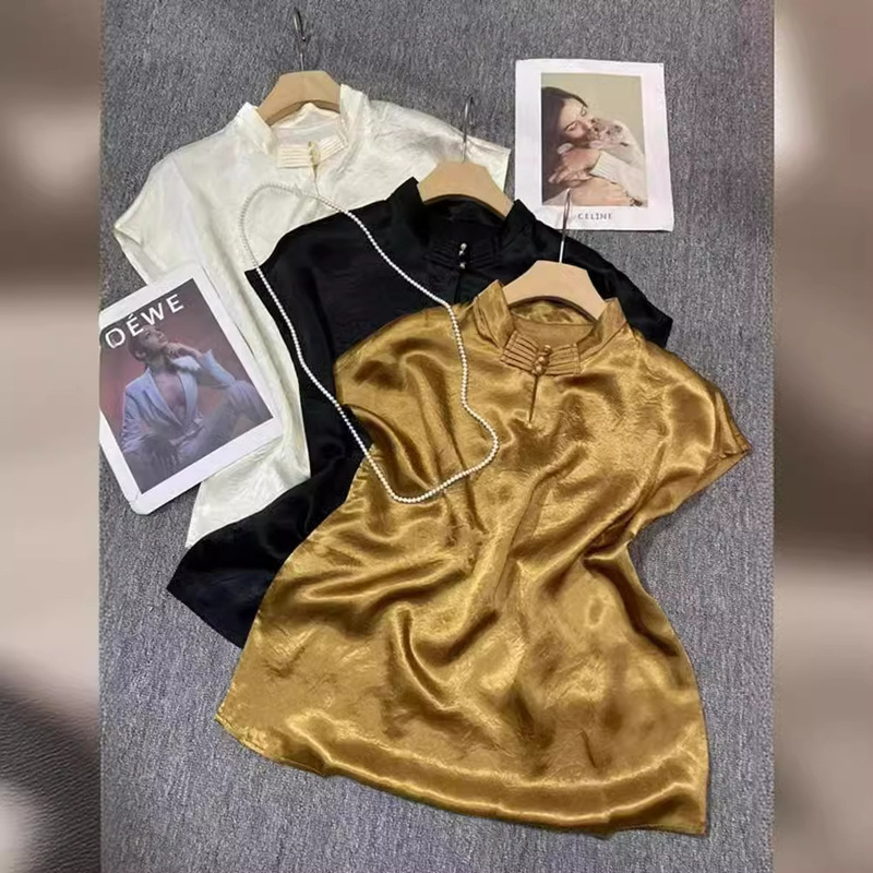 New Chinese Style National Style Vertical Collar Buckle Acetic Acid Solid Color Flying Sleeve Shirt Women's 2024 Summer New Style Top Casual All-match