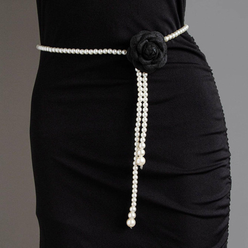 Lady Elegant Pearl Fabric Flower Sweet Fashion High Tea Flower Waist Chain Texture Hanfu Dress Decorative Belt