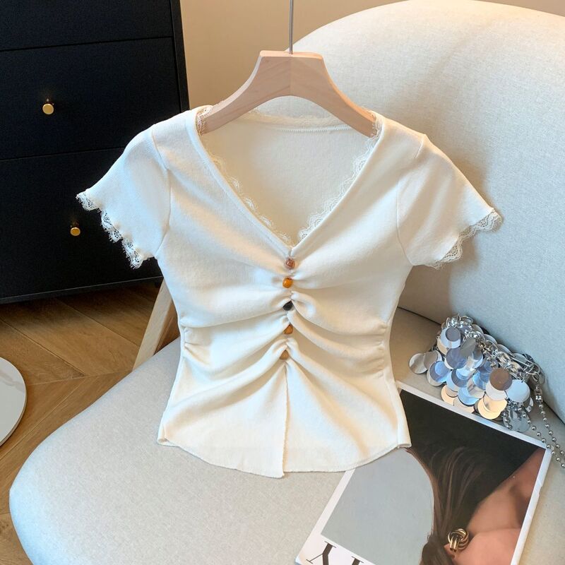 Lace Trim V-Neck Short-Sleeve T-Shirt for Women, Summer Casual Design, Petite Spicy Girl Top, Ins Style Lace Trim V-Neck Short-Sleeve T-Shirt for Women, Summer Casual Design, Petite Spicy Girl Top, Ins Style