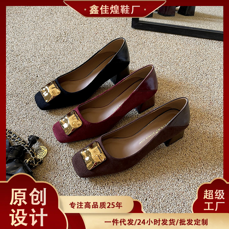 332-78 French Retro Metal Buckle Cashmere Square Toe Thick Heel Flats for Women Medium High Heel Strap Mary Jane Shoes Spring & Fall