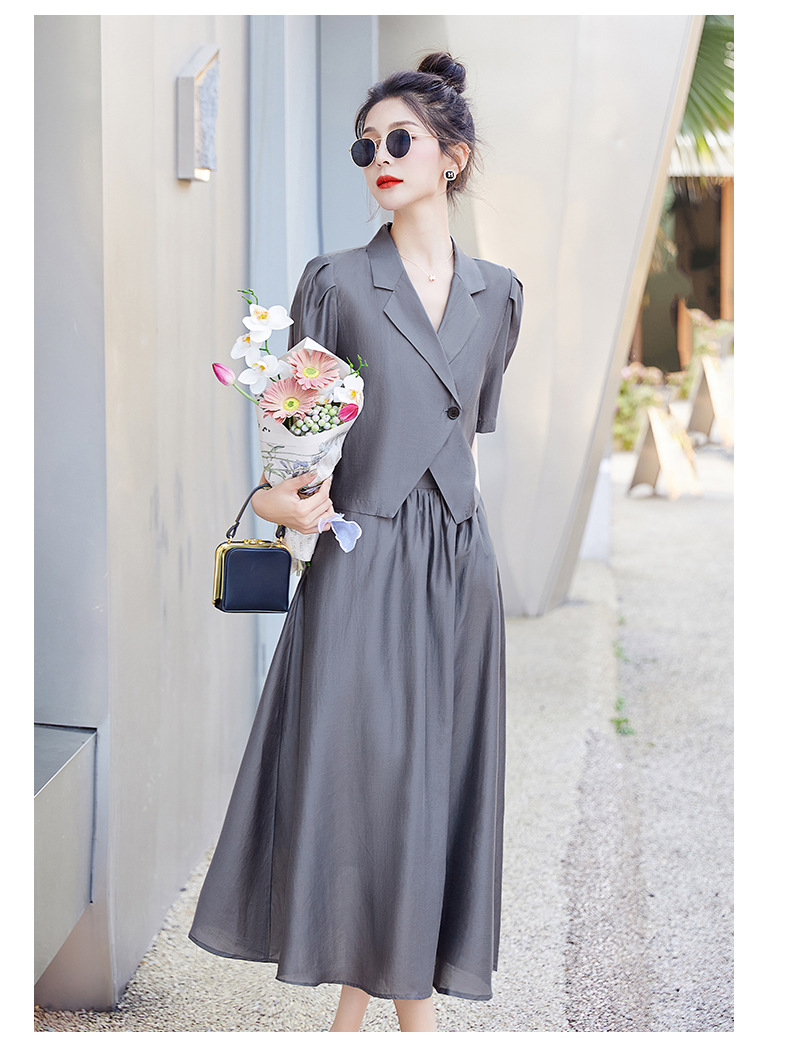 Bộ đồ Tencel nữ hai mảnh gồm áo và chân váy midi thắt eo — Màu đen, Màu xám, Màu kaki chi tiết 20