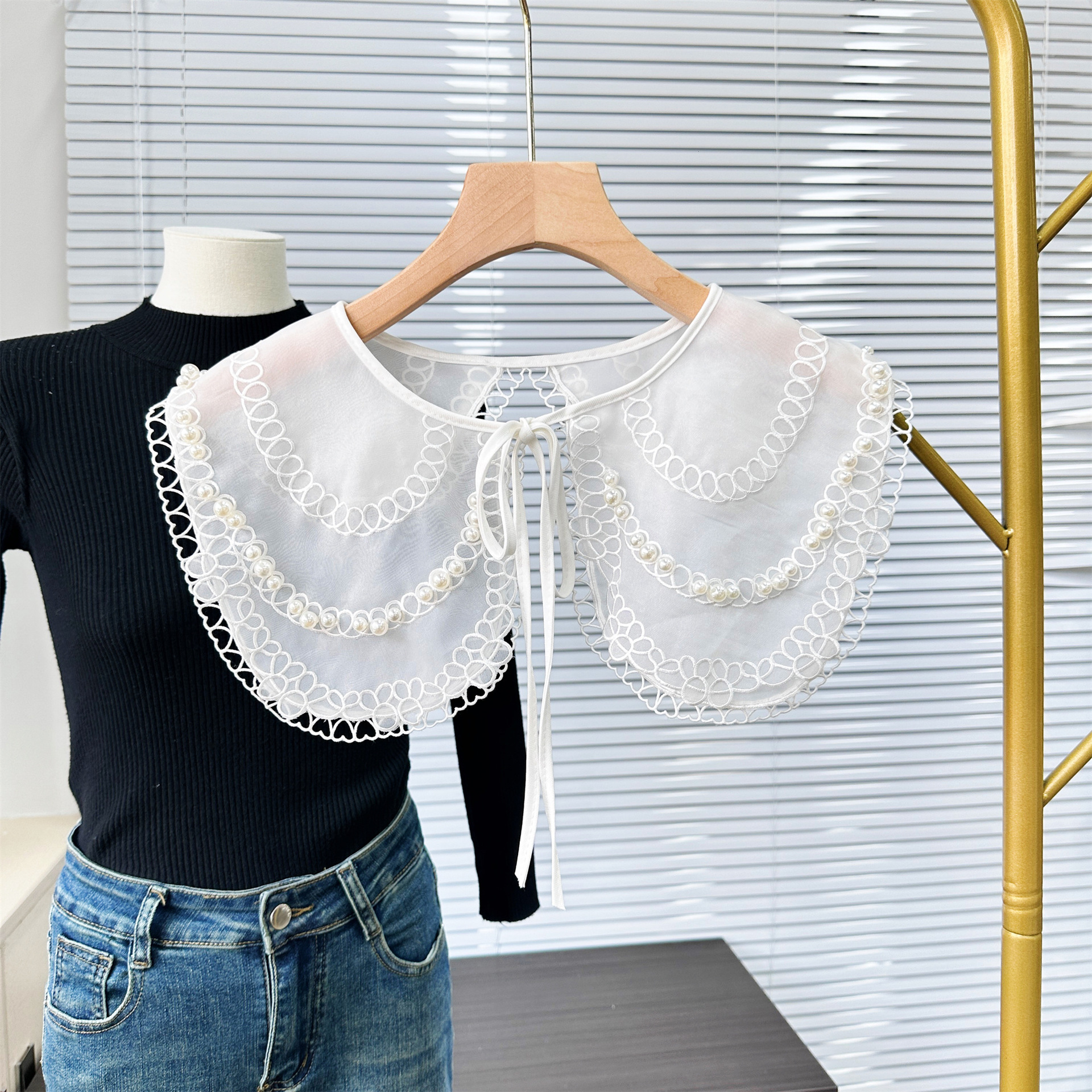 Japonés encaje pequeño chal suéter camisa collar todo fósforo collar moda organza perla encaje collar Flor al por mayor image 3