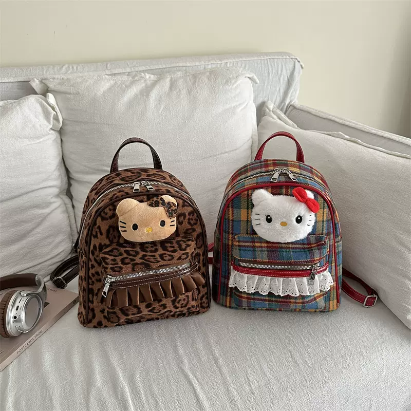 背包女孩韩版复古红格子K猫双肩包可爱精致蕾丝花边迷你学生书包