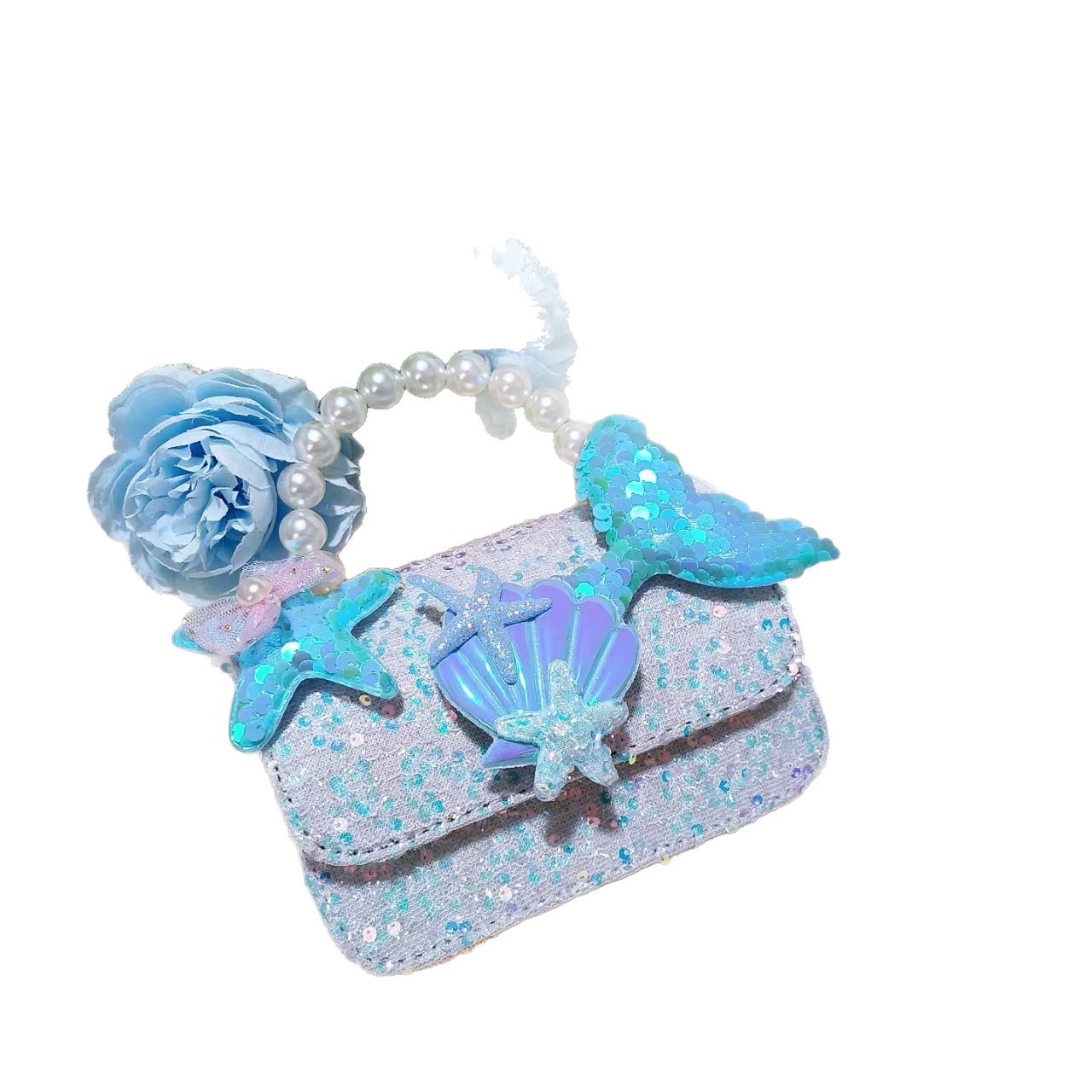 Bolsos infantiles transfronterizos conchas accesorios de cola de pescado lindos bolsos de bambú perlas mariposa bolsos de dibujos animados