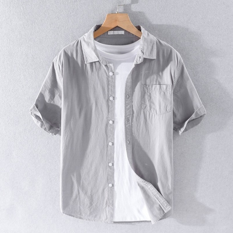 Summer Solid Color Short-Sleeved Shirt for Men, Business Trendy Half-Sleeved Top, Cotton and Linen Men's Casual Breathable Thin Shirt