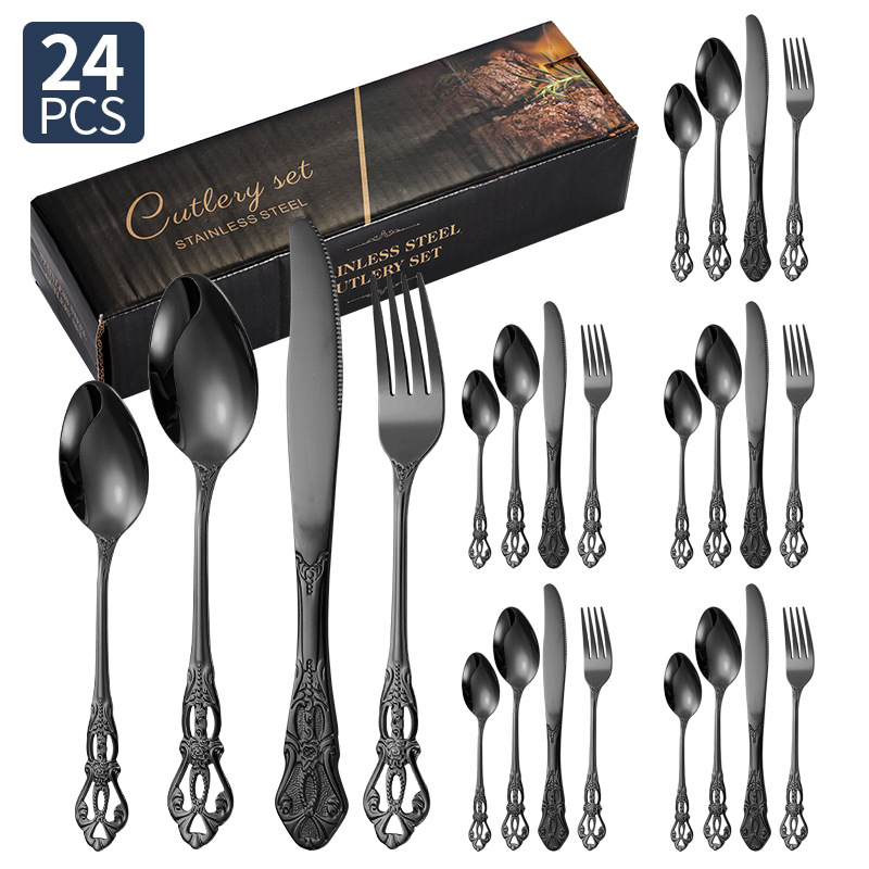 Amazon corte imperial cubiertos de acero inoxidable cuchillo y tenedor cucharas 20 / 24 / 30 piezas conjunto retro relieve cuchillo y tenedor de filete occidental