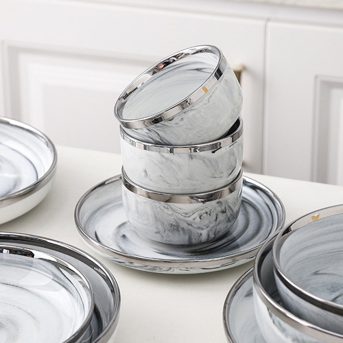 Light Luxury Fashion Silver Edge Tableware Set Combination Simple Marble Hotel Household Bowl Plate Dish New Ceramic Tableware
