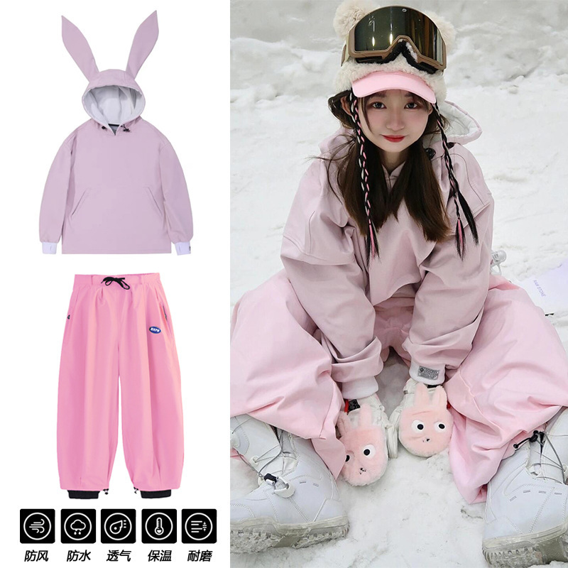 Colorful mushroom head cute wind rabbit ears ski waterproof sweater fleece-lined hoodie veneer Korean style warm windproof moisture