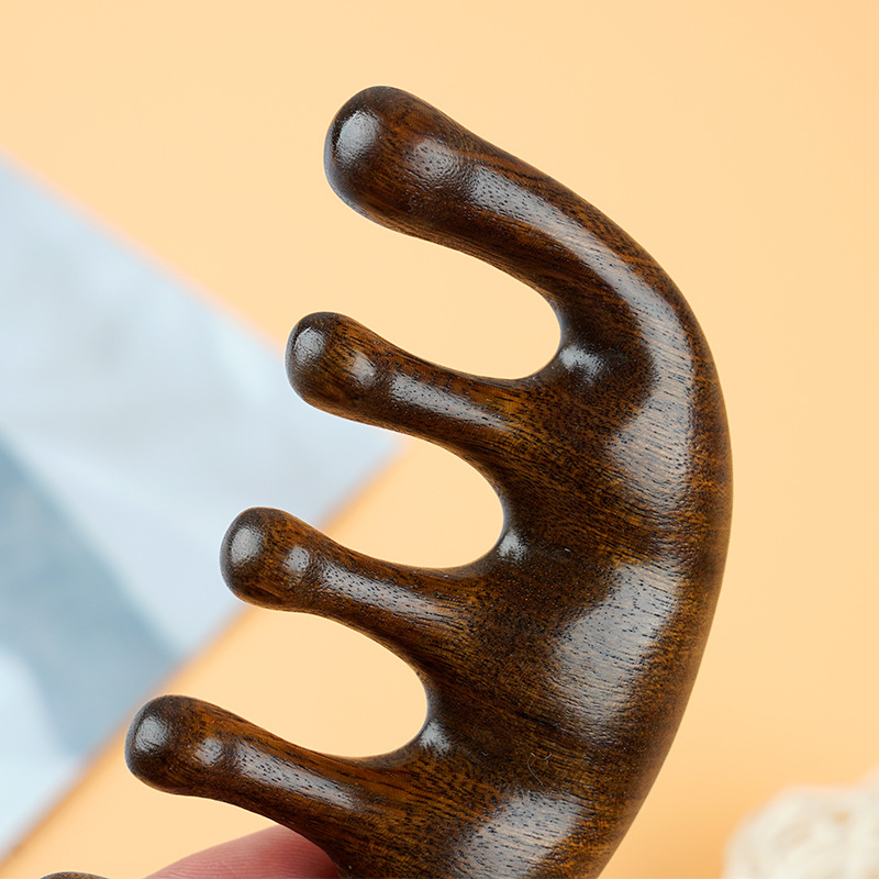 Oro de seda sándalo masaje peine cabeza meridiano masaje sándalo peine diente ancho cinco dedos pecho peine raspado peine