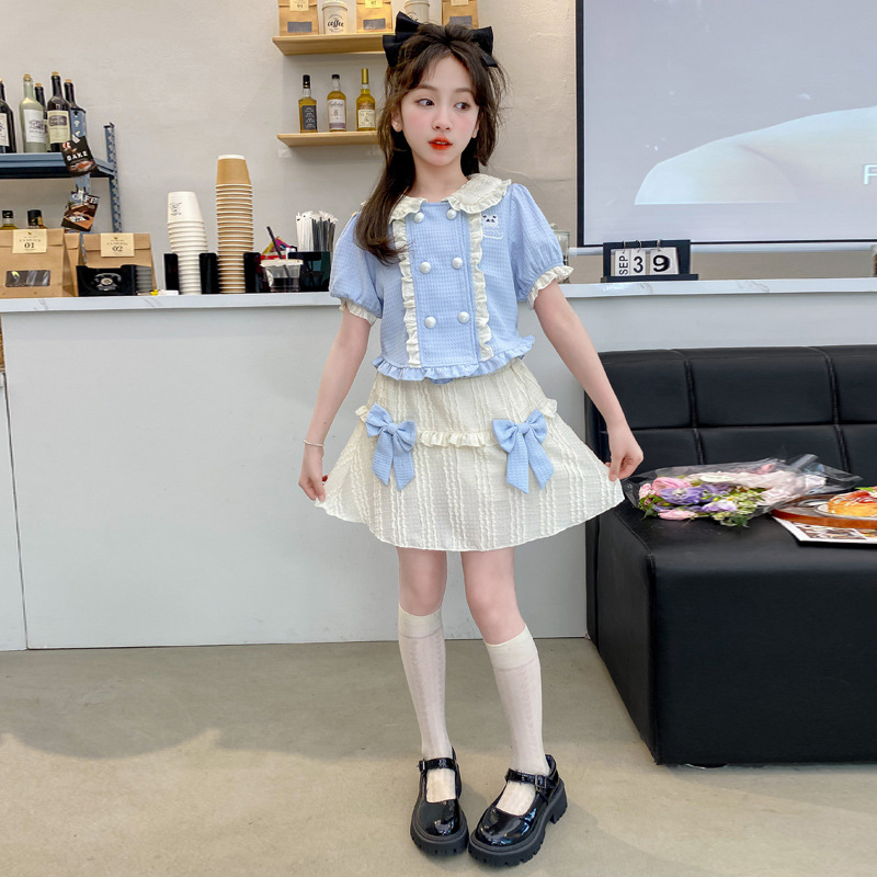 女童夏季两件套夏季娃娃领短袖衬衫上衣高腰蝴蝶结裙子蛋糕短裙套