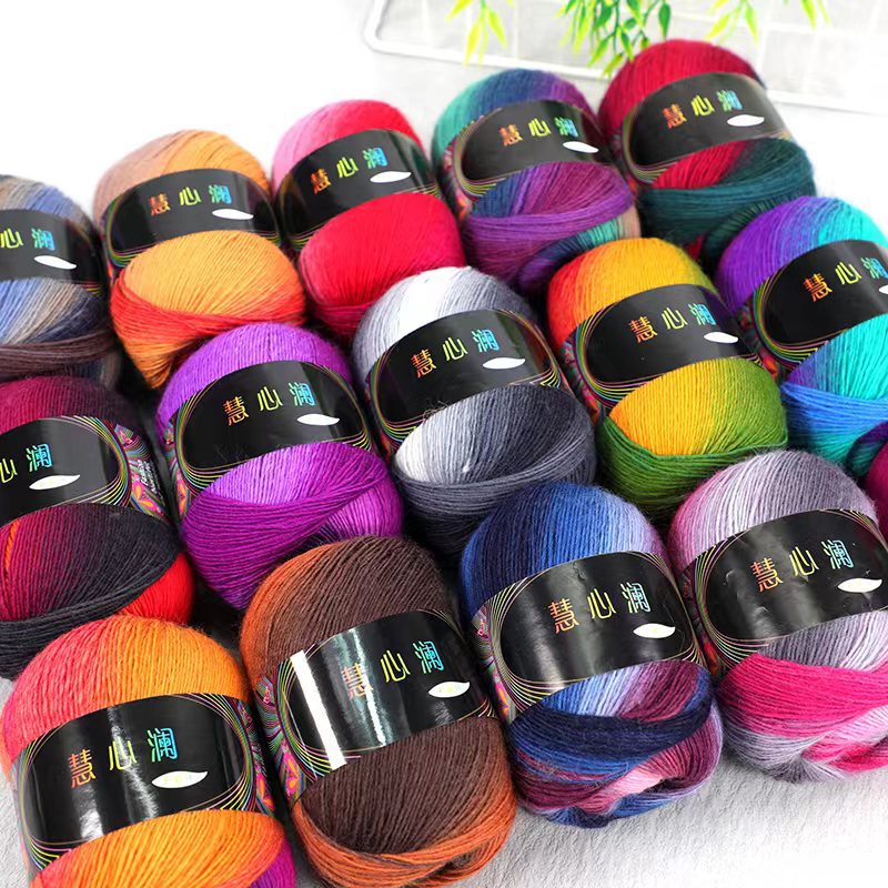 Factory rainbow gradient color long section dyed wool thread 500 m hand-knitted scarf thread shawl medium thick wool thread