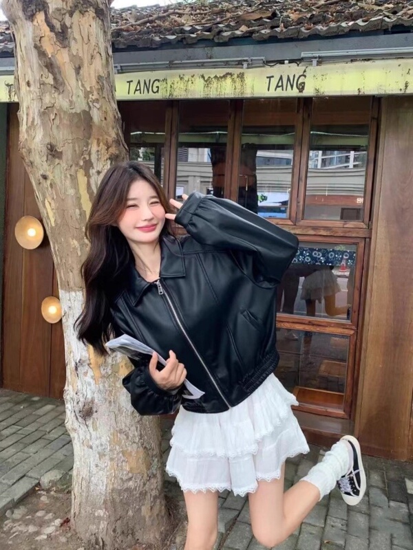 皮衣外套女款2025新款春秋季感黑色显瘦皮夹克小个子上衣设计感潮|undefined