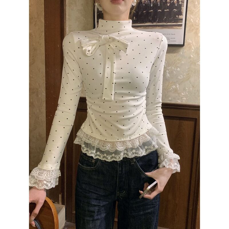 White Polka Dot Half Turtleneck T-Shirt Autumn and Winter Inner Bow Bottoming Shirt Fake Two-Piece Lace Slim Top