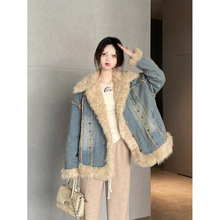 大码女装秋冬季牛仔毛毛领外套新款港风复古夹棉加厚棉服棉衣上衣