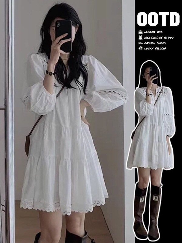 White lace patchwork vacation dress for women, new summer style, suitable for travel and photo shoots in Yunnan and Xinjiang grasslands